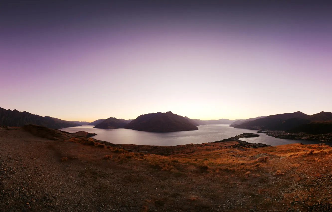 Photo wallpaper sunset, mountains, river, rocks, hills, panorama