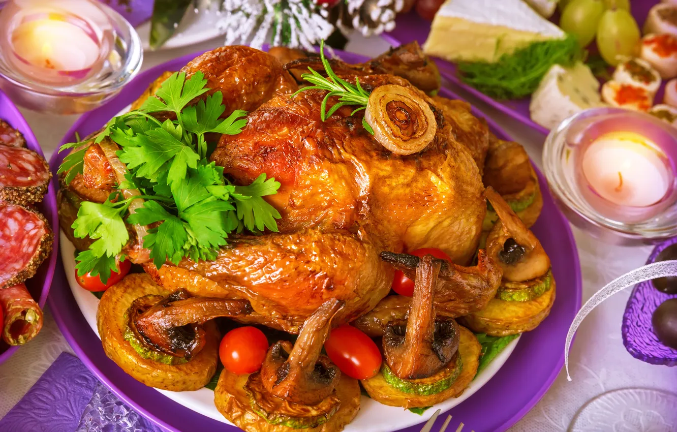 Photo wallpaper holiday, mushrooms, chicken, candles, parsley, fried, garnish, fried chicken