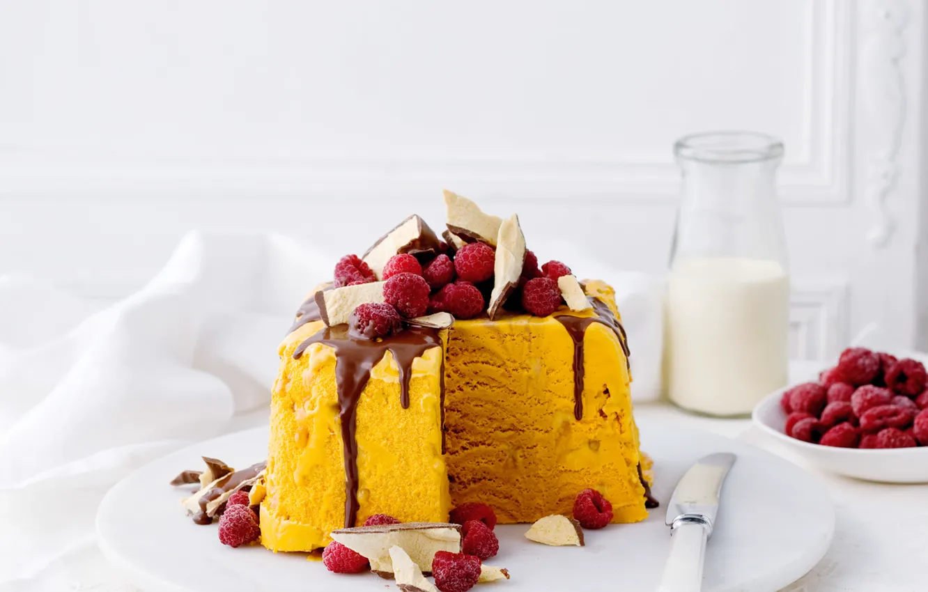 Photo wallpaper raspberry, food, chocolate, milk, cake, cake, cake, dessert
