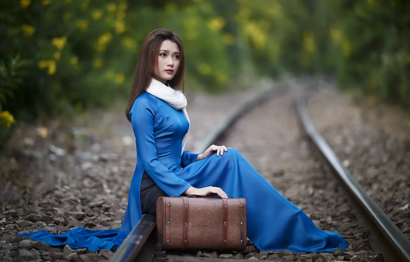 Photo wallpaper girl, nature, suitcase, Asian