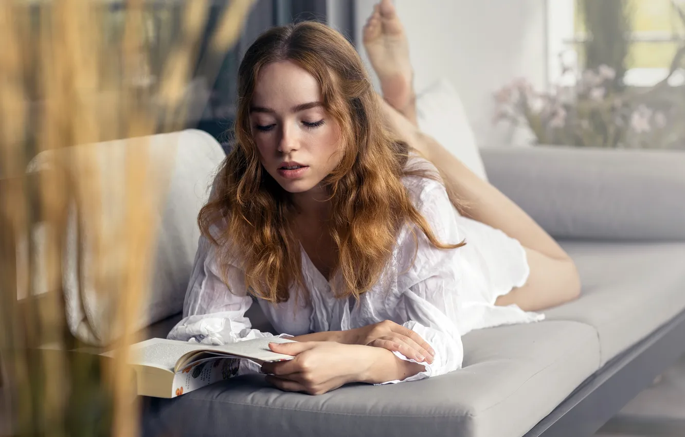 Photo wallpaper girl, sofa, book