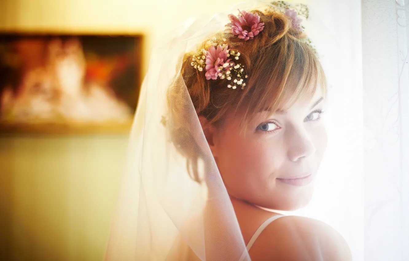 Photo wallpaper girl, happiness, flowers, smile, the bride, veil