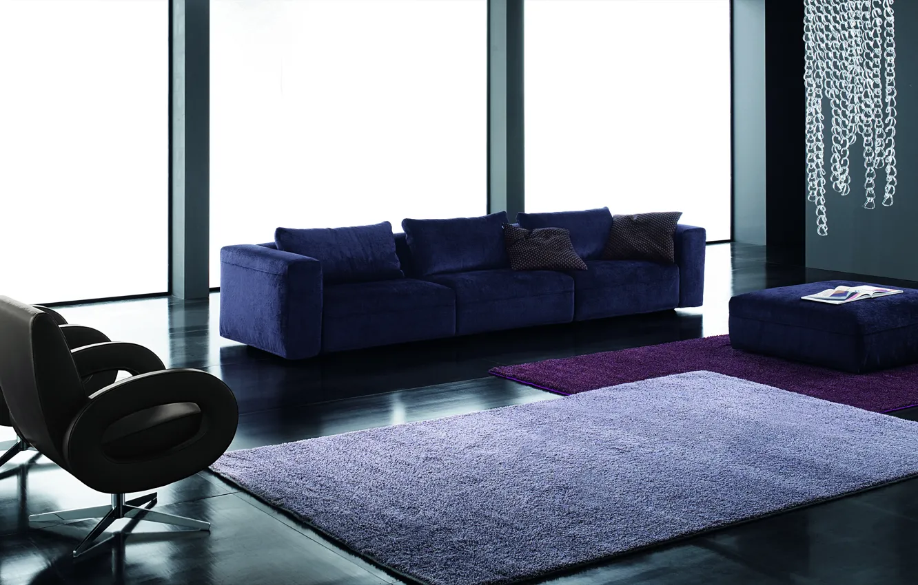 Photo wallpaper purple, blue, sofa, carpet, interior, chair, chandelier