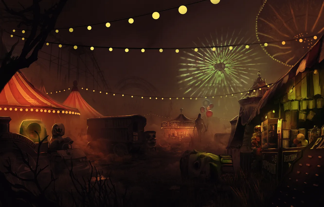 Photo wallpaper balls, night, swing, Ghost, carousel, horror, carnival, light bulb
