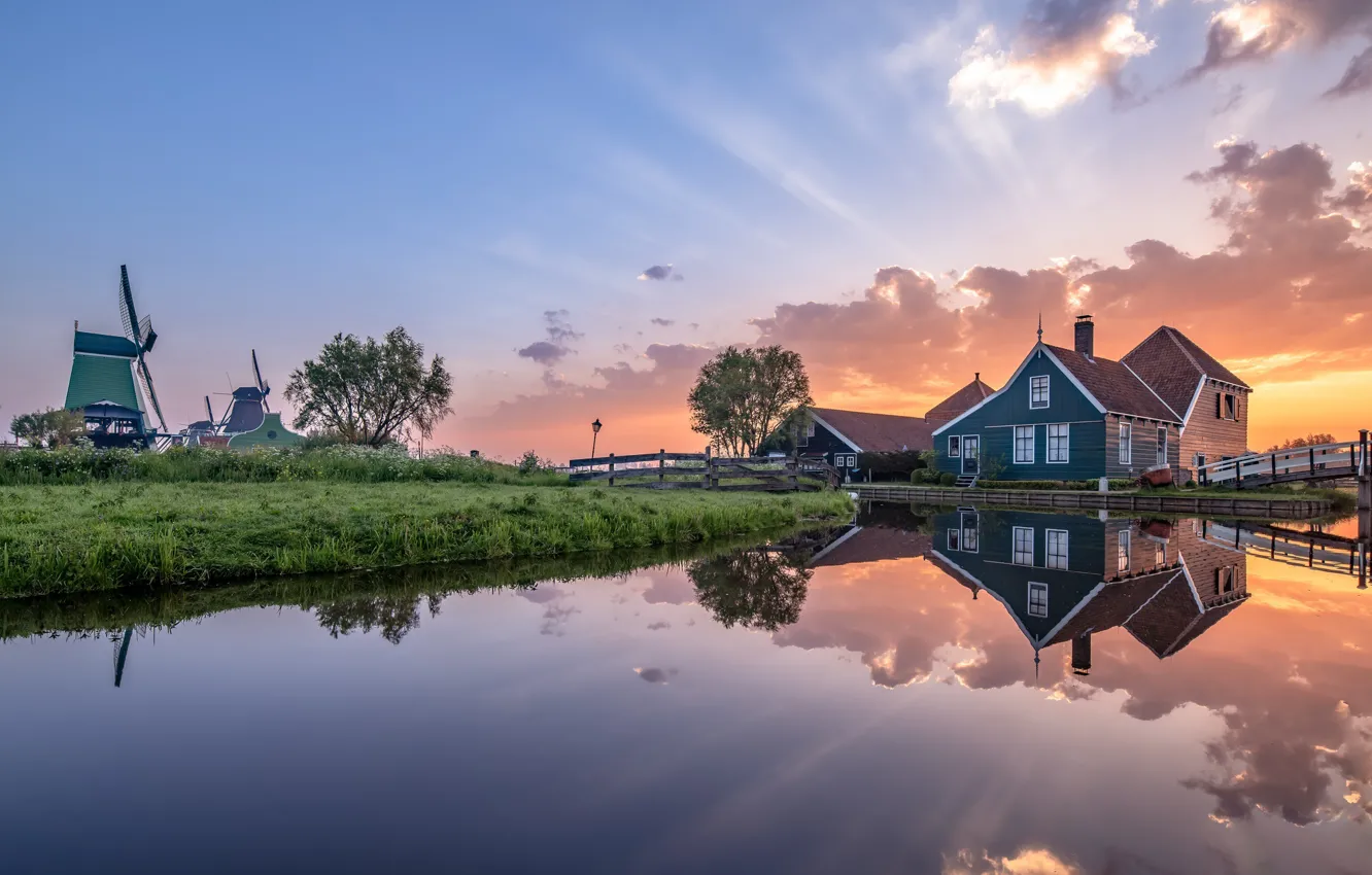 Photo wallpaper morning, mill, Netherlands, Holland, Zaanse Schans