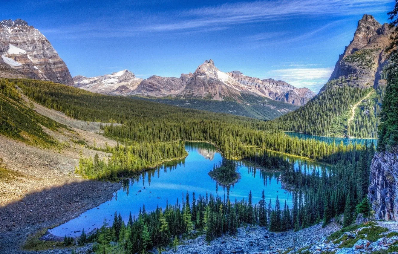 Photo wallpaper forest, the sky, clouds, snow, lake, rocks, Mountains