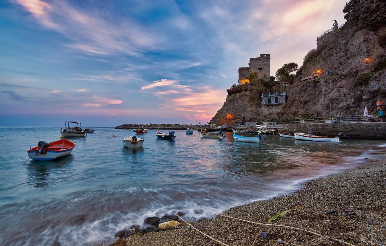 Photo wallpaper sea, landscape, rocks, boats, Italy, Monterosso al Mare, Liguria, municipality