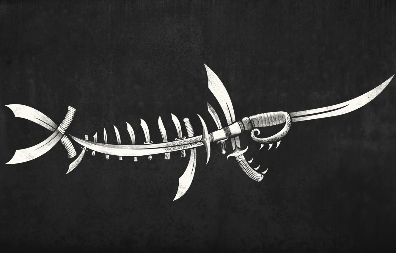 Photo wallpaper background, fish, skeleton, knives, daggers