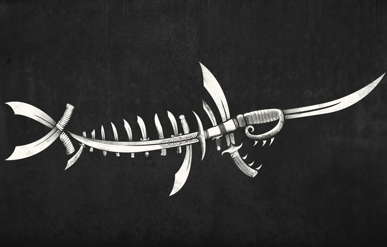 Photo wallpaper background, fish, knife, skeleton, dagger