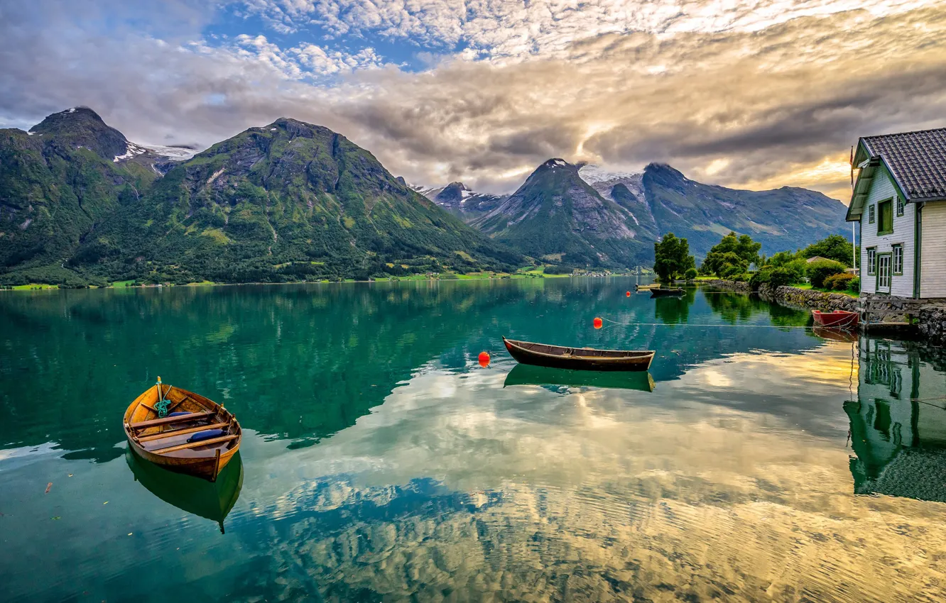 Photo wallpaper mountains, lake, boats, Norway, Norway, Oppstrynsvatn Lake, Hjelledalen