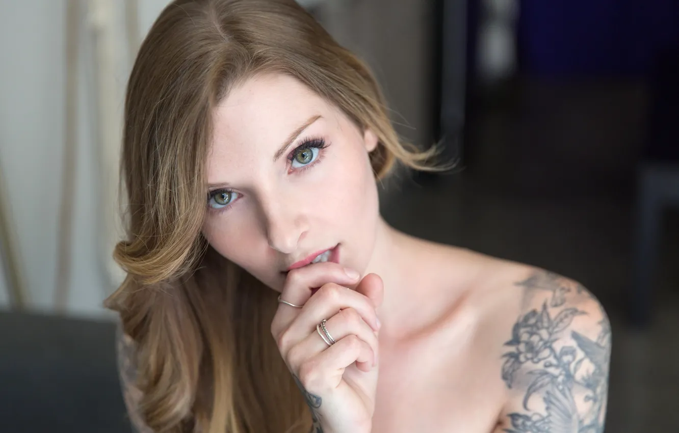 Photo wallpaper girl, green eyes, long hair, brown hair, photo, model, tattoo, lips