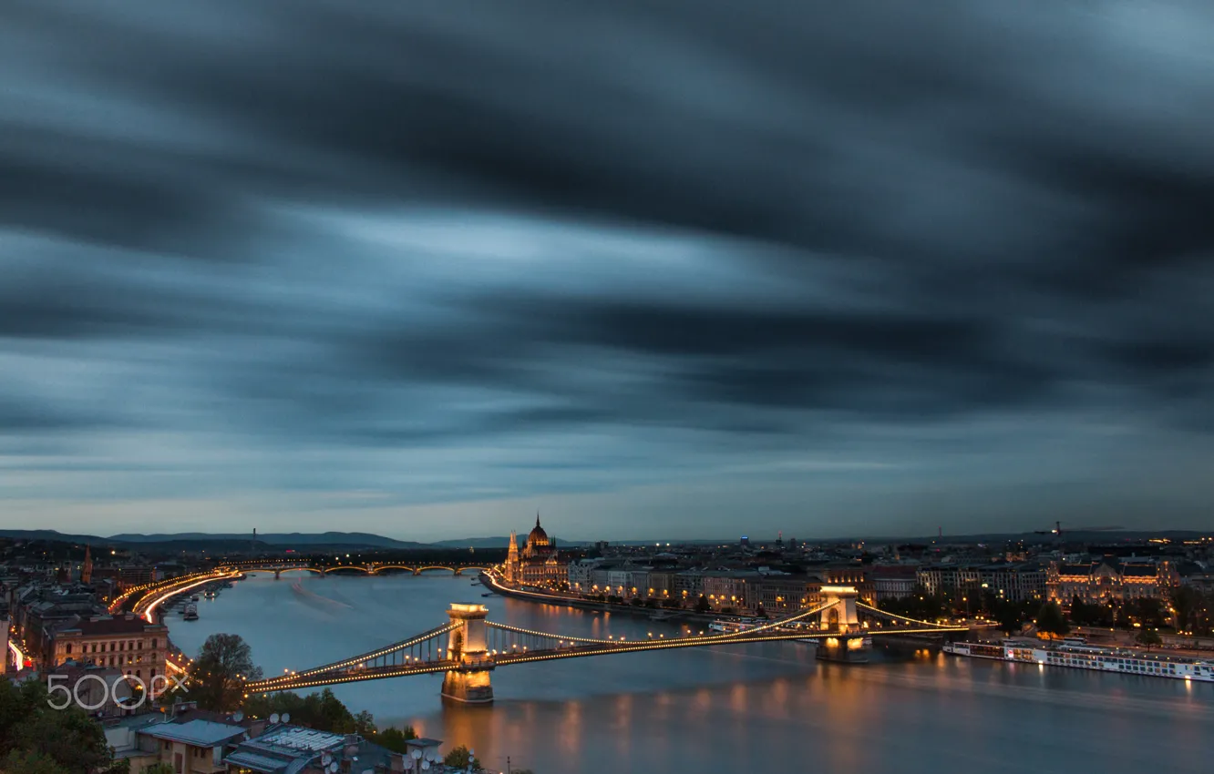 Photo wallpaper bridge, lights, the evening, Budapest