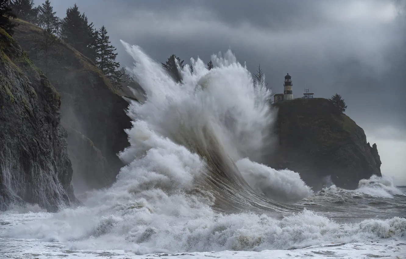 Photo wallpaper sea, wave, squirt, clouds, storm, fog, open, overcast