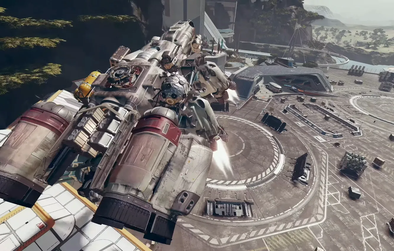 Photo wallpaper engine, ship, planet, landing, Starfield