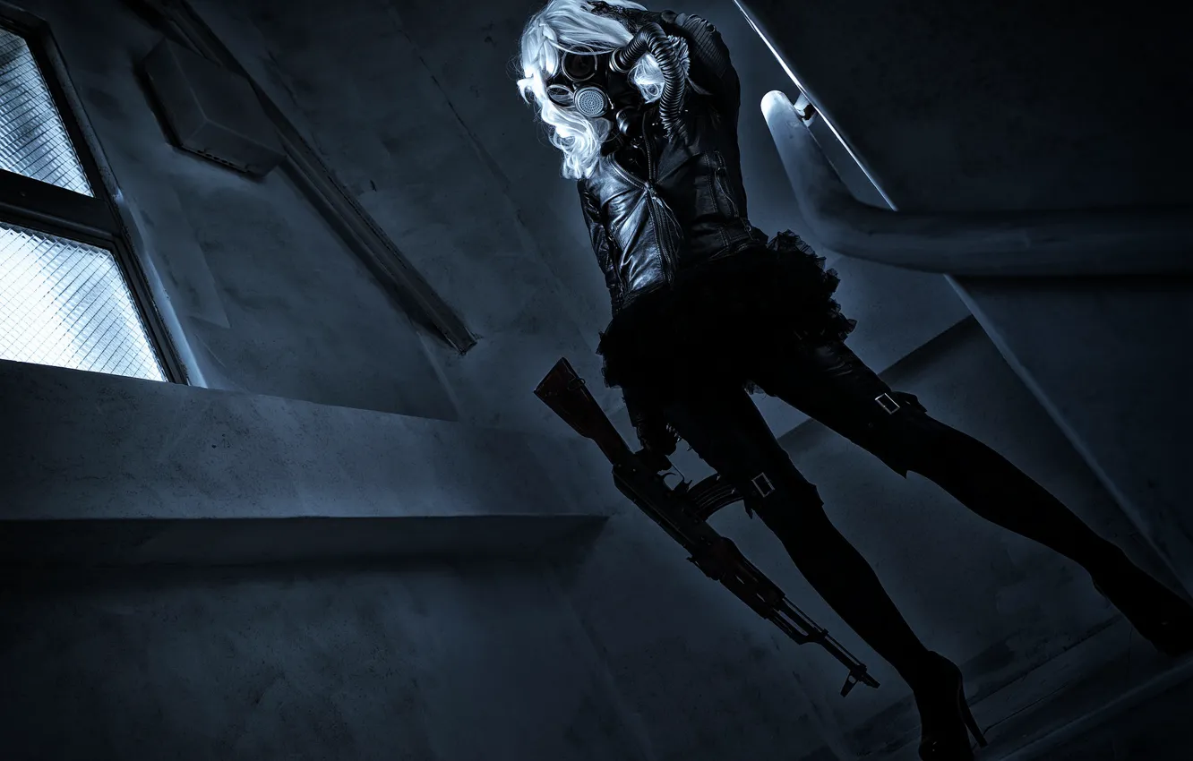 Photo wallpaper girl, style, hair, machine, gas mask