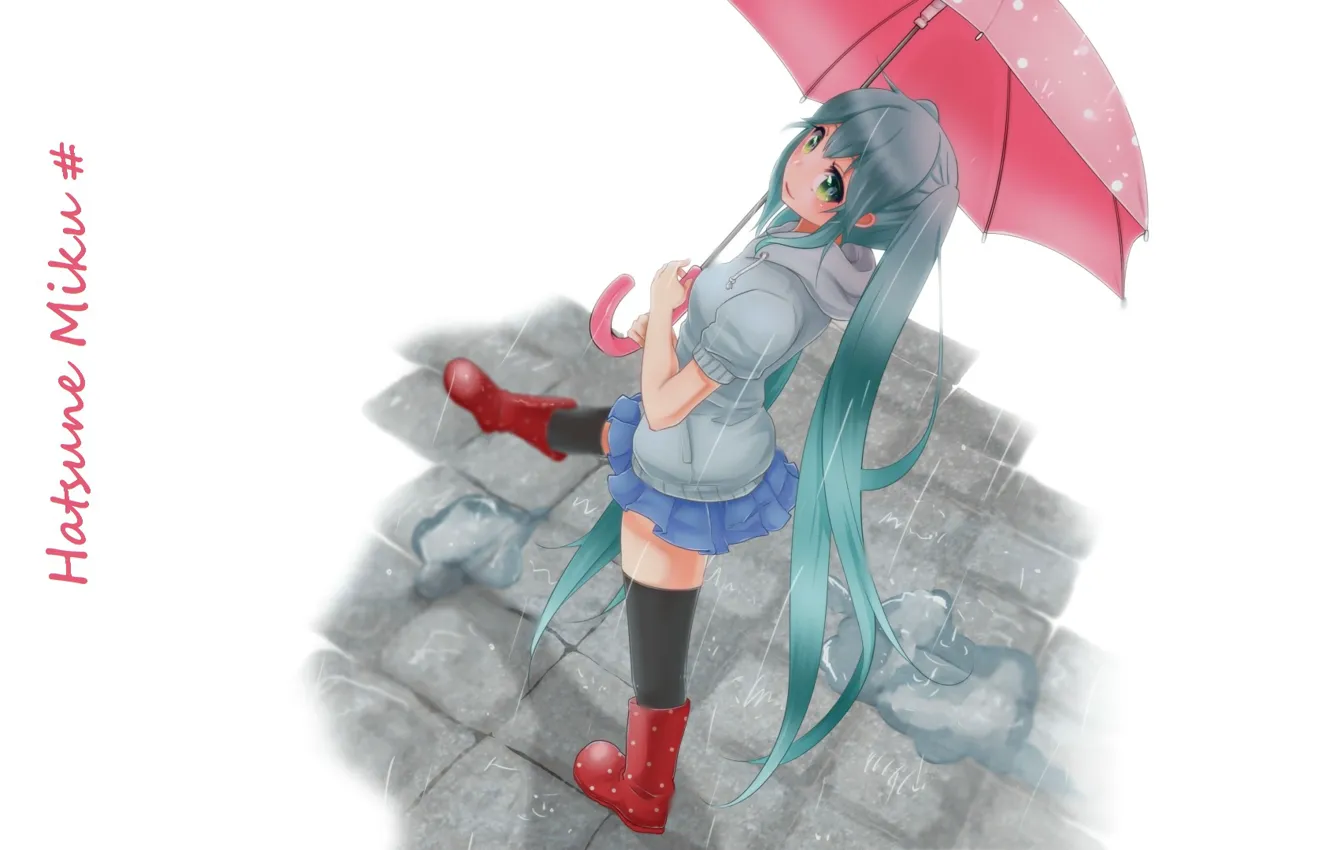 Photo wallpaper rain, white background, vocaloid, Hatsune Miku, long hair, Vocaloid, walks, red umbrella