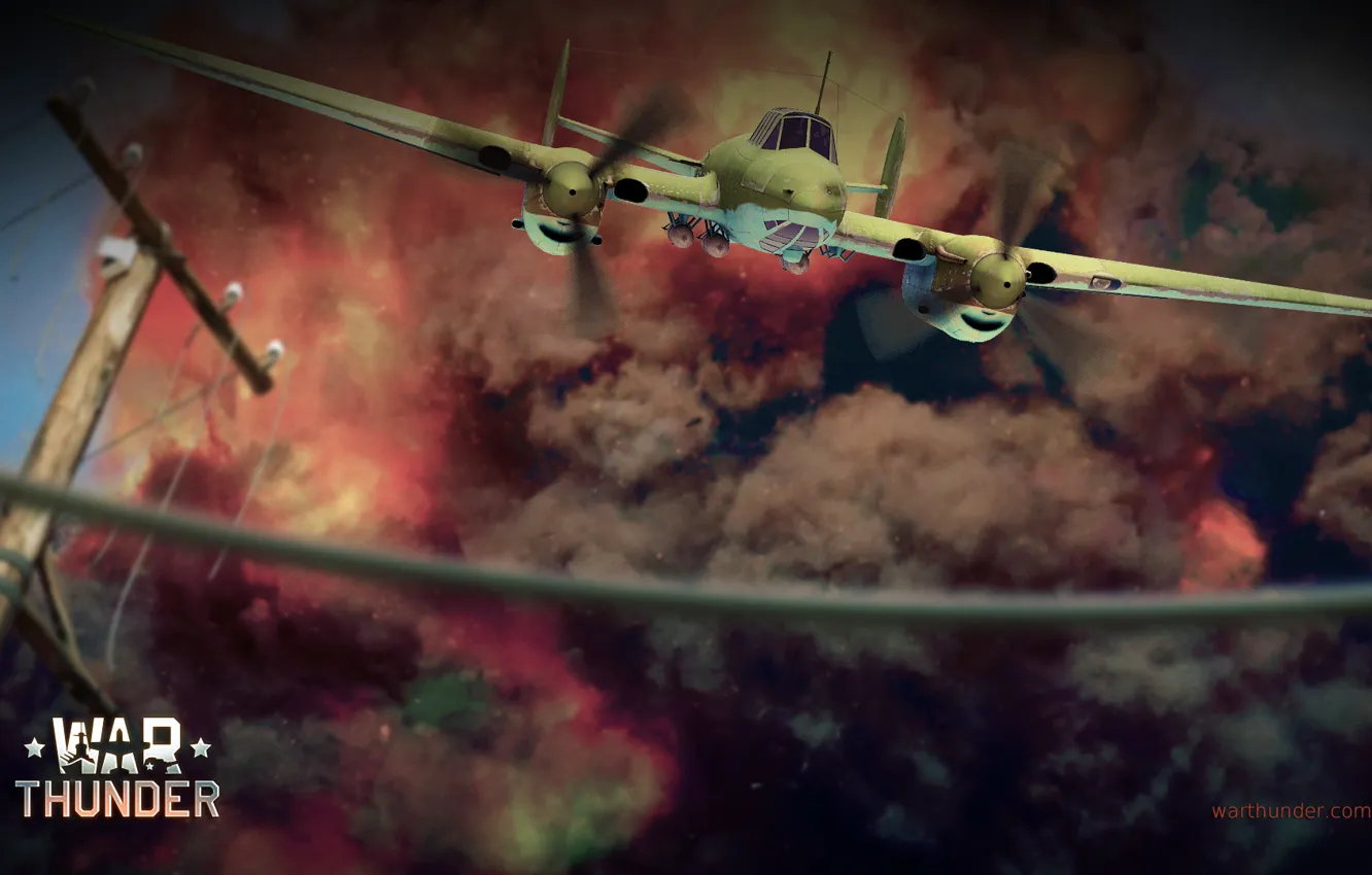 Photo wallpaper the explosion, fire, smoke, bomber, bombs, PE-2, Soviet, Pawn