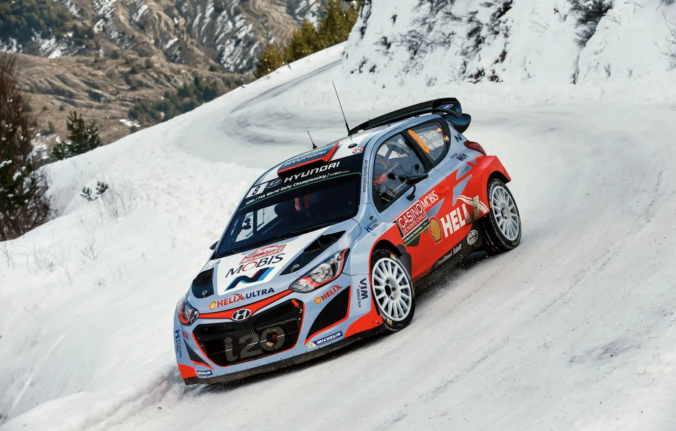 Photo wallpaper Hyundai, WRC, Snow, Rally, Monte Carlo, i20, 2015, Sordo