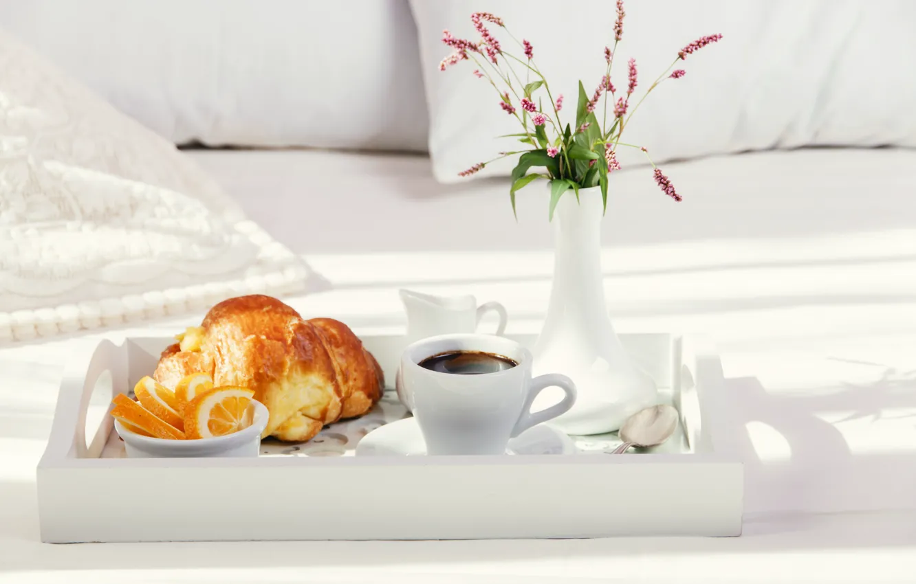 Photo wallpaper flowers, coffee, orange, milk, vase, tray, croissant, Breakfast in bed