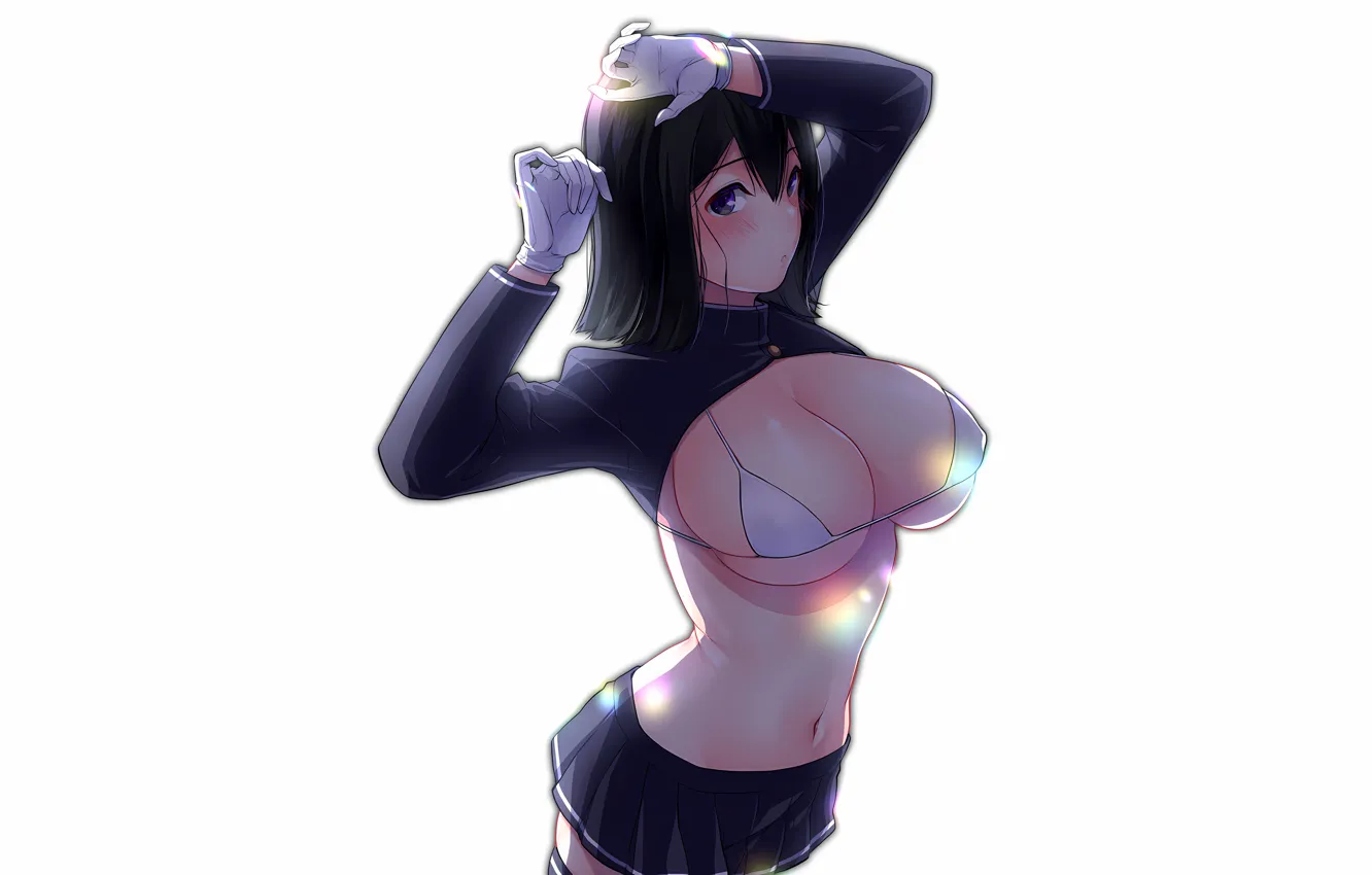 Photo wallpaper girl, sexy, cleavage, boobs, anime, beautiful, short hair, purple eyes