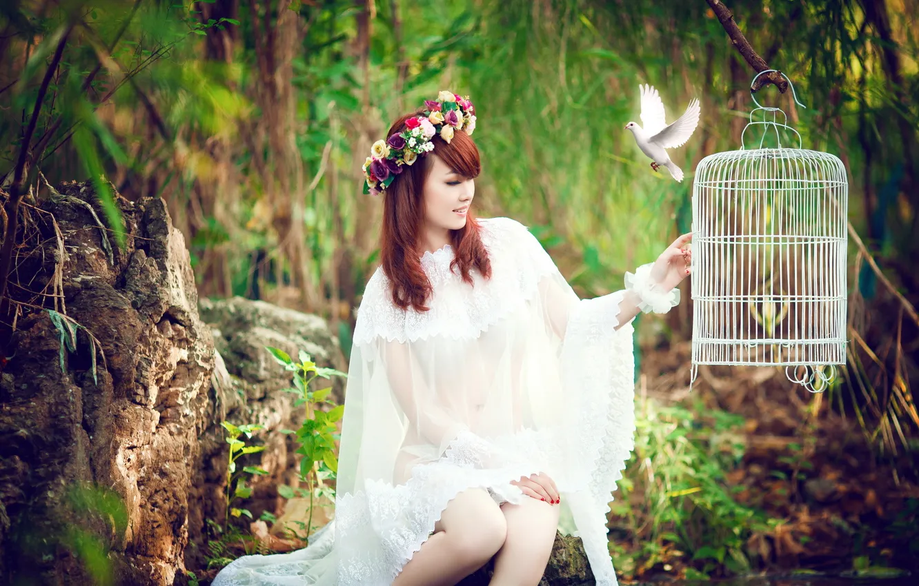 Photo wallpaper girl, mood, bird, cell, Asian
