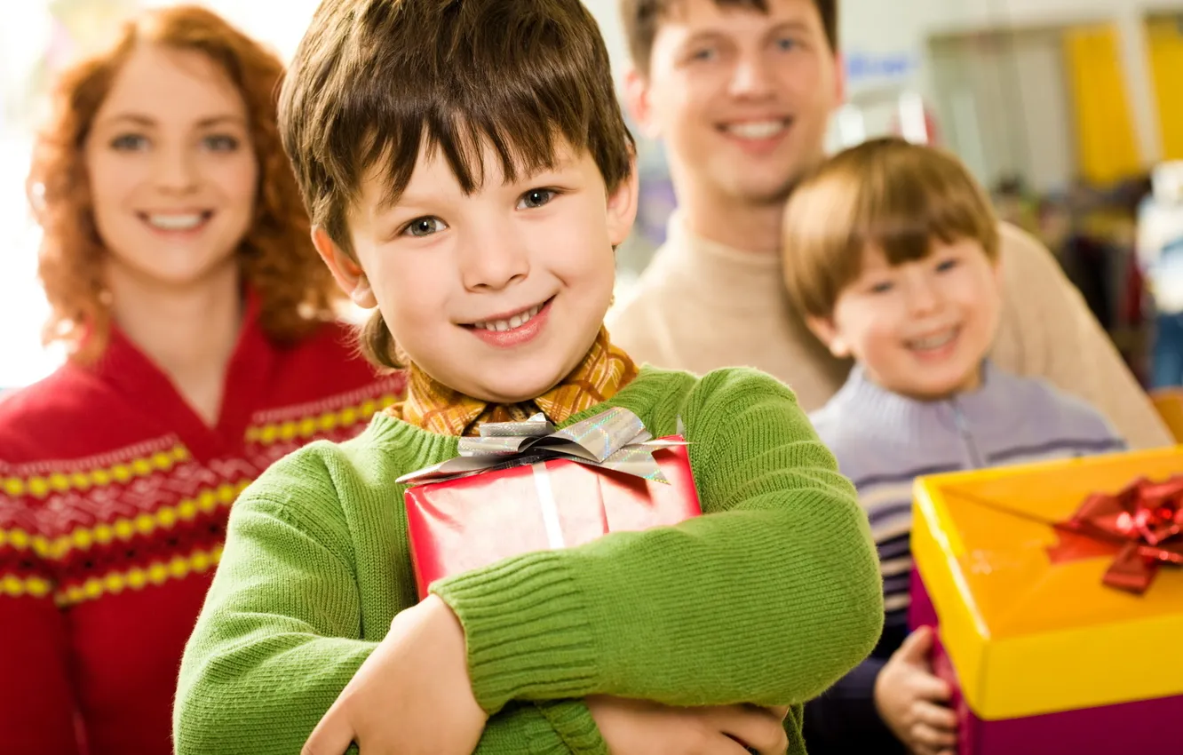 Photo wallpaper joy, children, smile, background, mood, holiday, box, gift