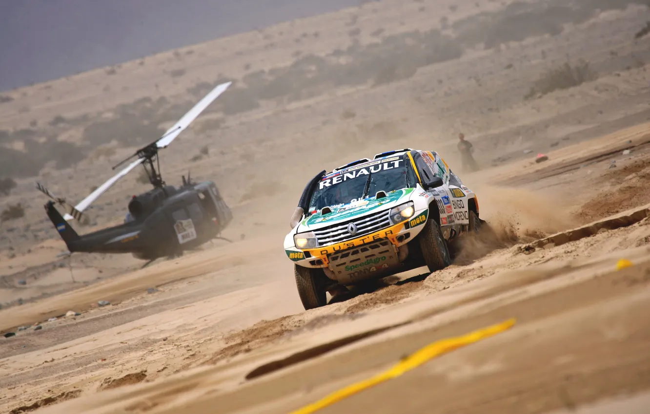 Photo wallpaper Sand, Auto, Sport, Desert, Machine, Helicopter, Race, Renault