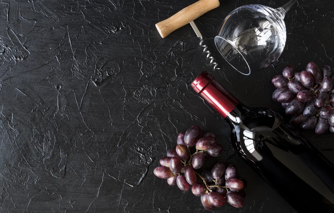 Photo wallpaper the dark background, wine, glass, bottle, grapes, THE OPENER