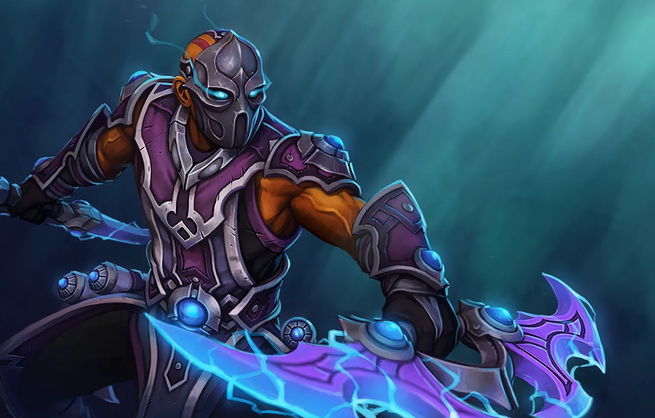 Photo wallpaper weapons, armor, mask, art, guy, stand, dota 2, Anti-Mage