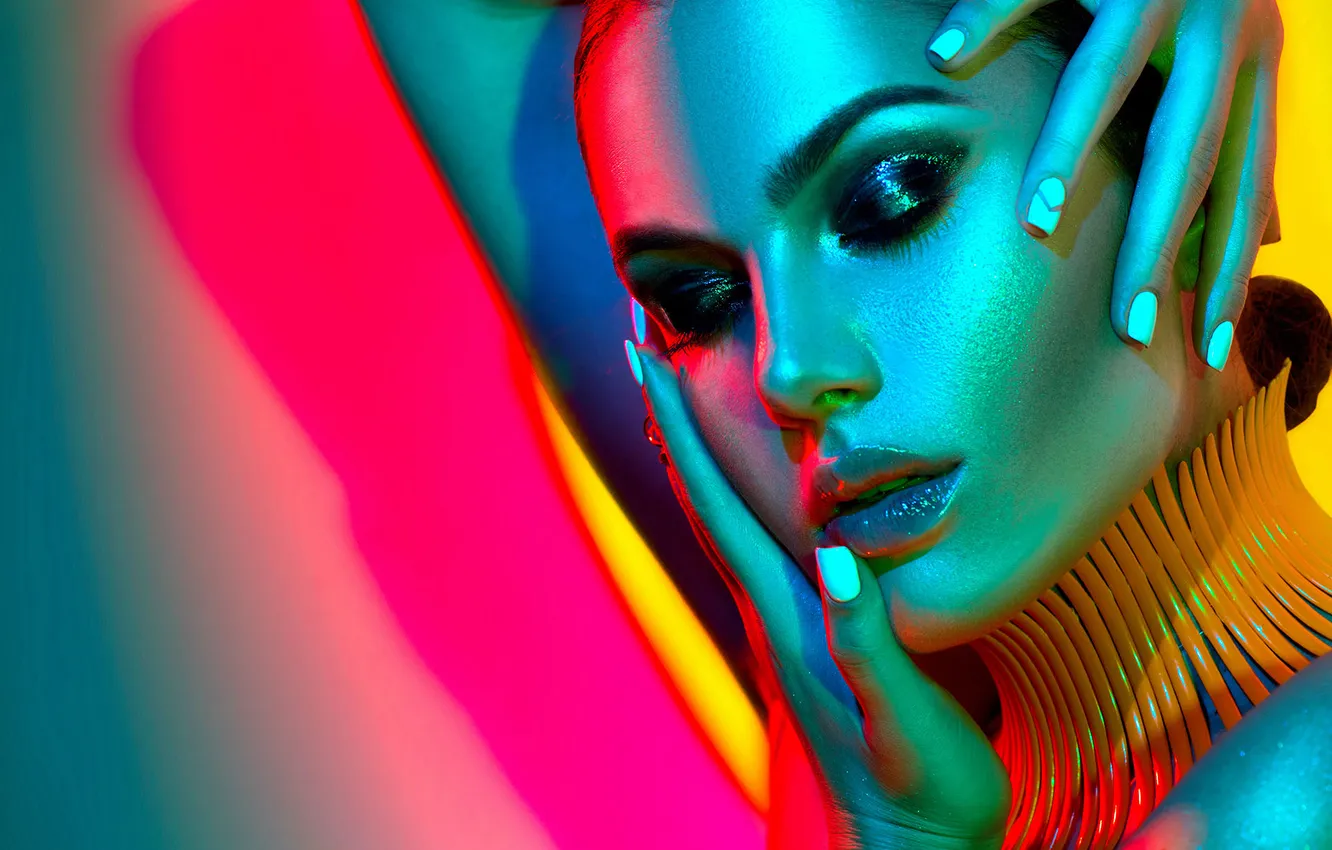 Photo wallpaper Model, Fashion model, bright lights, The woman in the colorful, posing in the studio, posing …