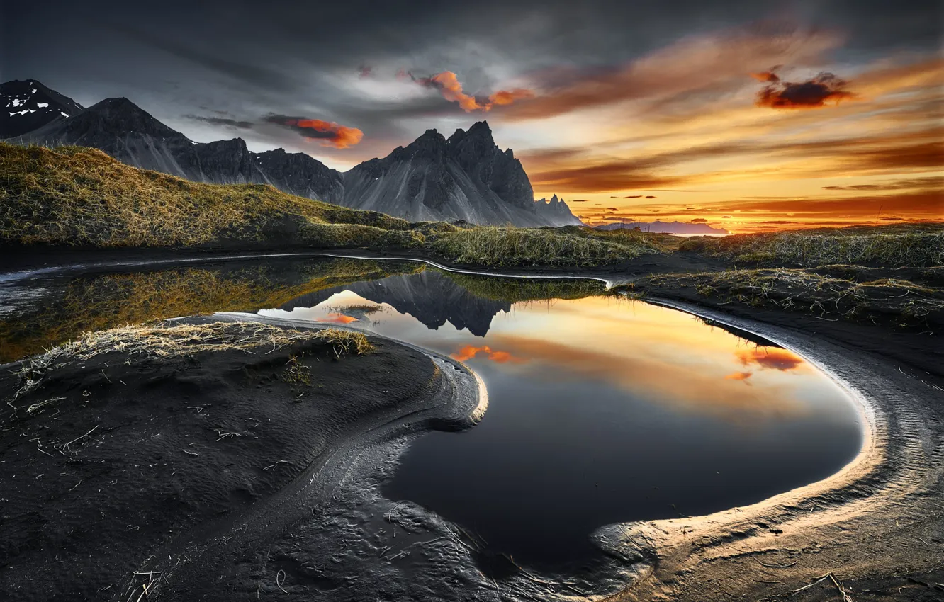 Photo wallpaper water, landscape, mountains, nature, reflection, dawn, morning, Iceland
