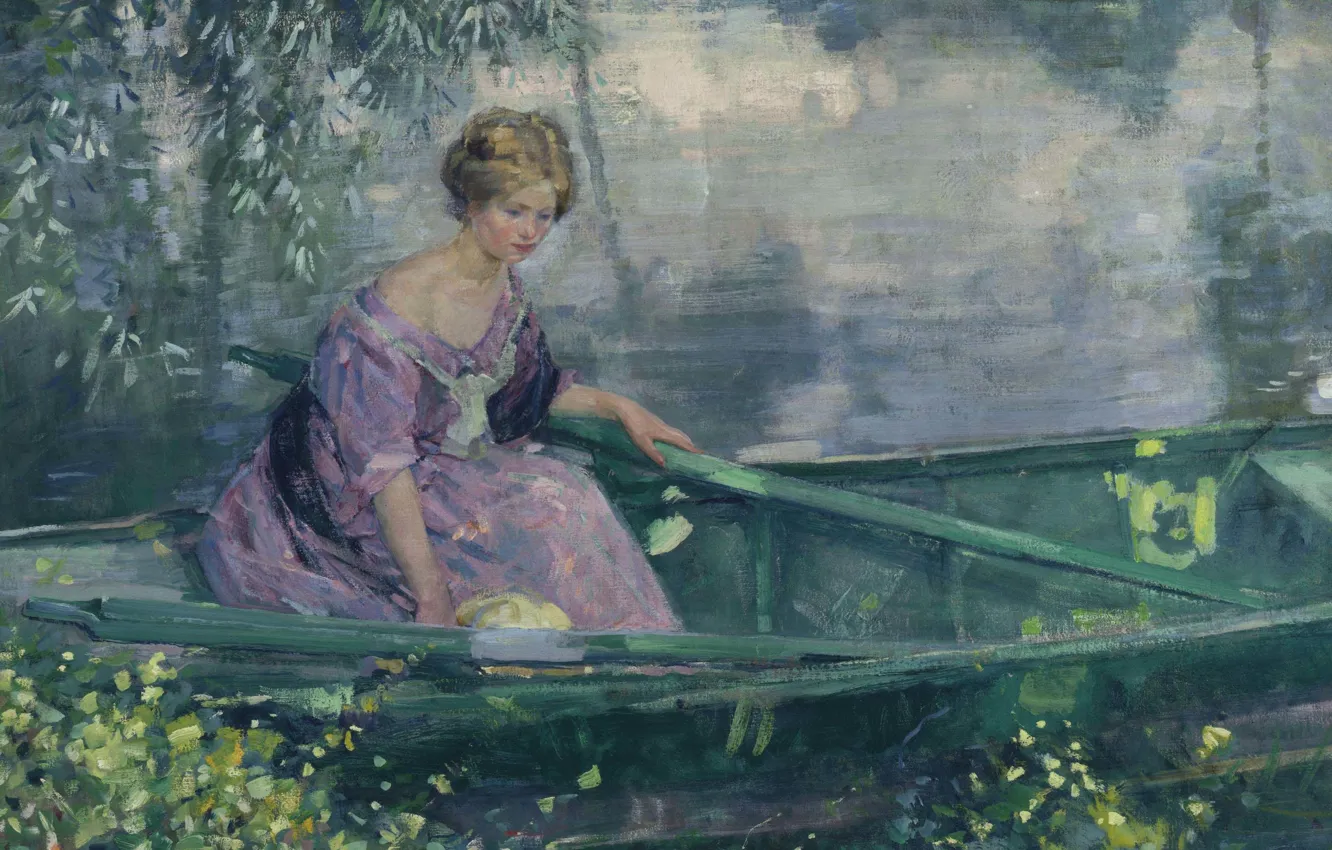 Wallpaper 1912, A young girl in a boat, American painter, American