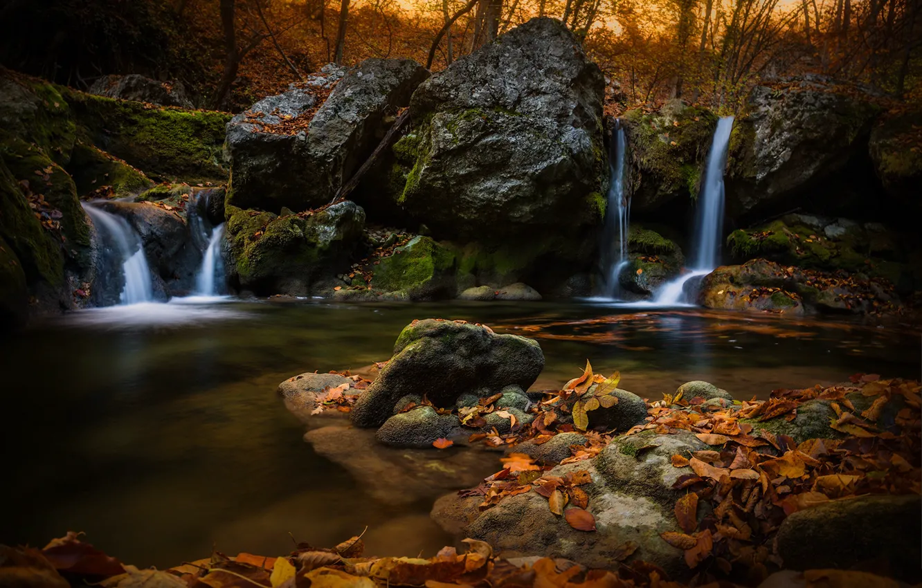 Photo wallpaper autumn, forest, leaves, landscape, nature, stones, waterfall, Crimea