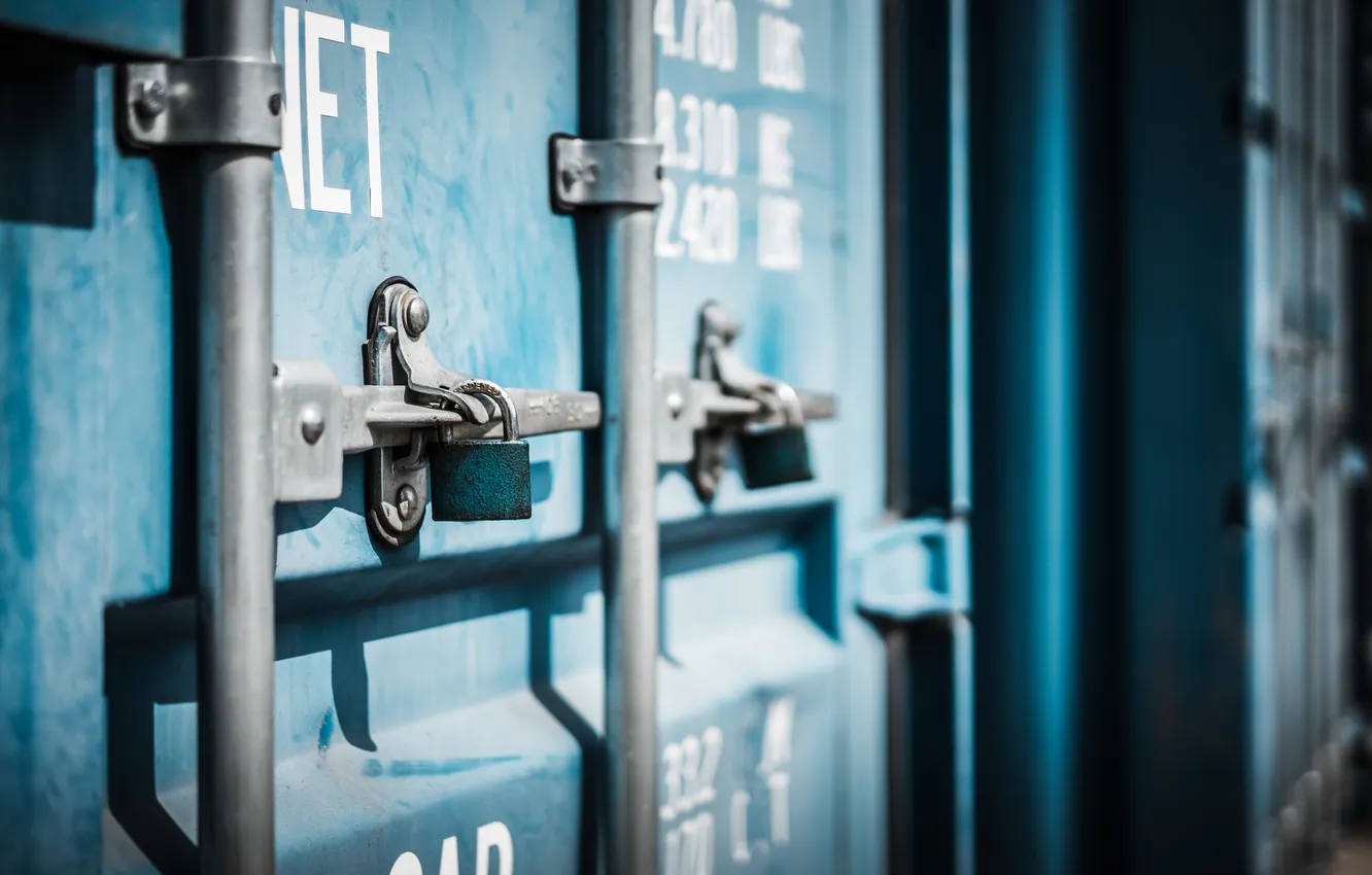 Photo wallpaper metal, blue, lock, maritime container