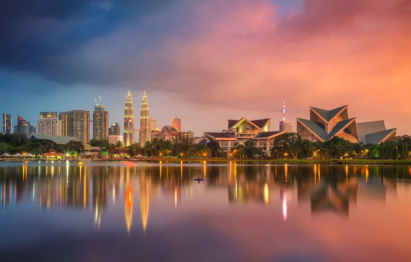 Photo wallpaper reflection, tower, skyscraper, home, panorama, Malaysia, Kuala Lumpur