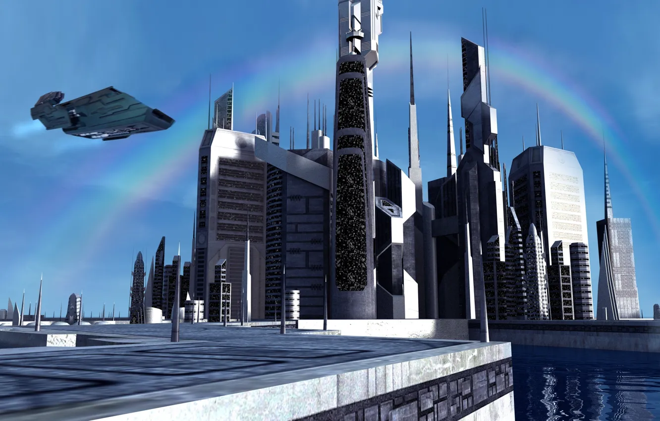 Photo wallpaper the sky, water, space, the city, stones, planet, rainbow, rainbow atlantis