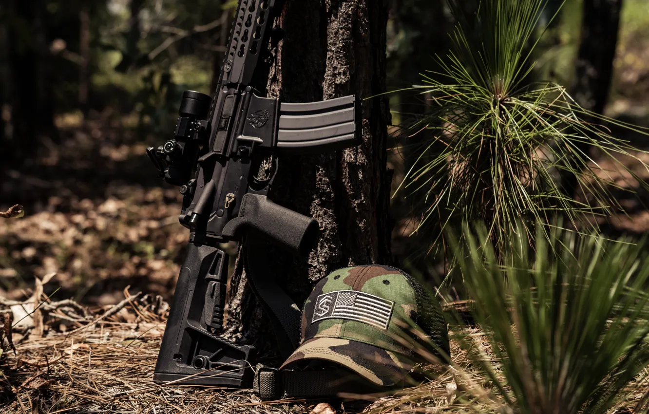 Photo wallpaper forest, cap, assault rifle