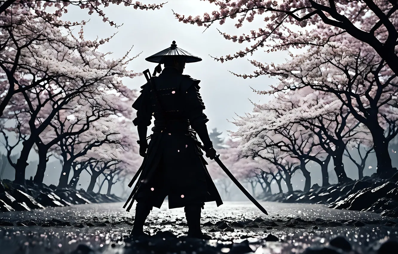 Photo wallpaper sword, trees, flowers, cherry blossom, samurai, branch, standing, looking away