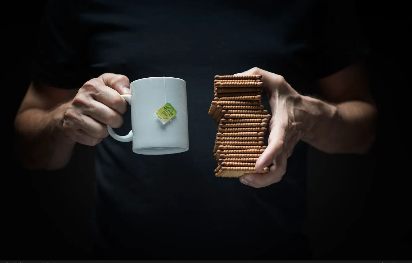 Photo wallpaper man, breakfast, tea, biscuit, arms, Pile