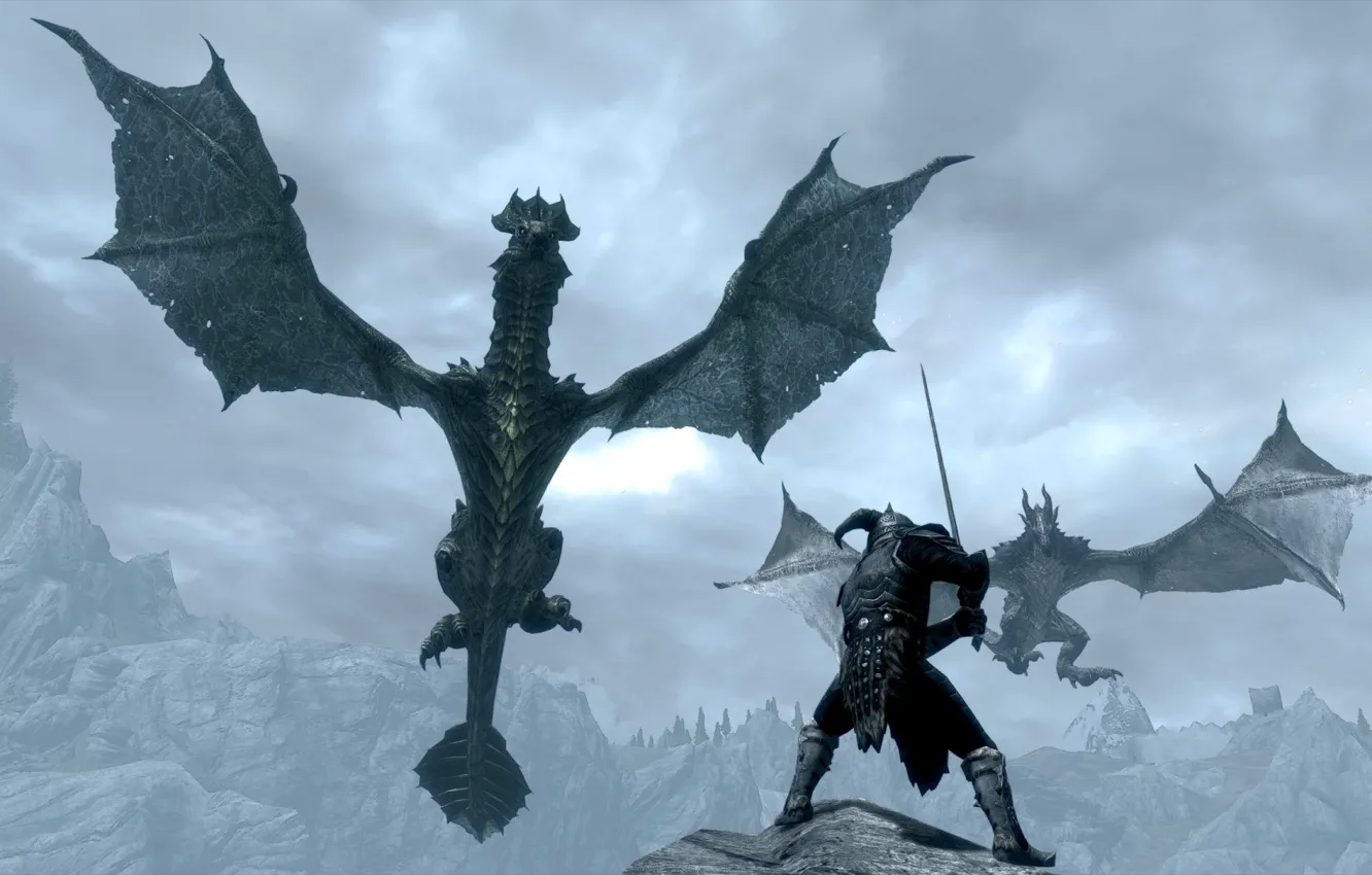 Photo wallpaper rocks, dragon, sword, warrior, helmet, Skyrim, The Elder Scrolls V