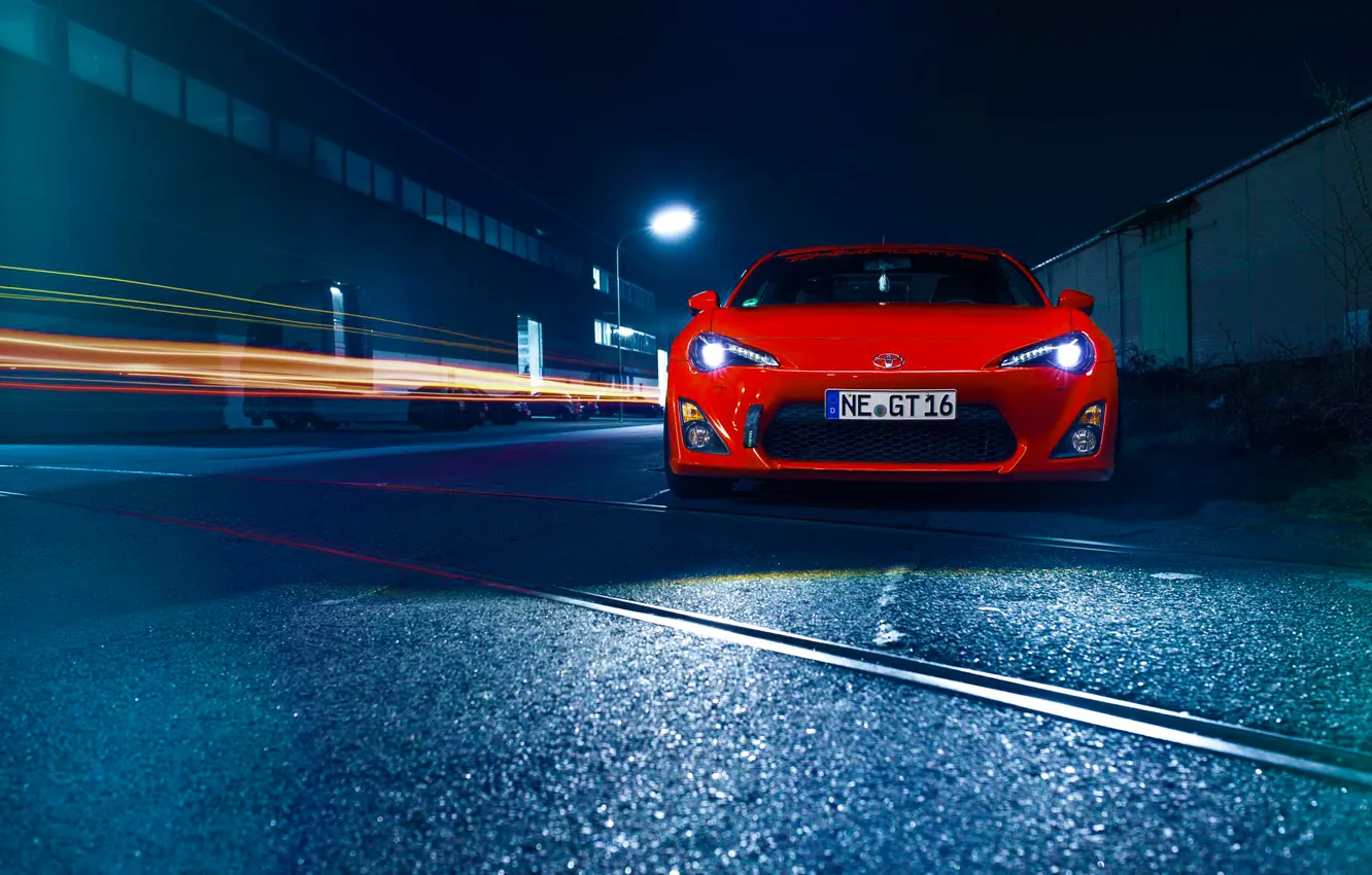 Photo wallpaper Orange, Toyota, Car, Front, Sport, GT86, Wheels, Hood