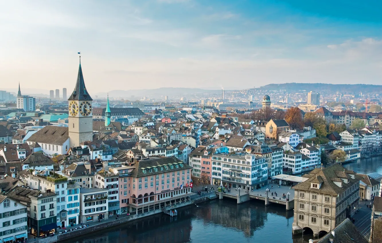 Photo wallpaper lake, tower, home, Switzerland, panorama, Zurich