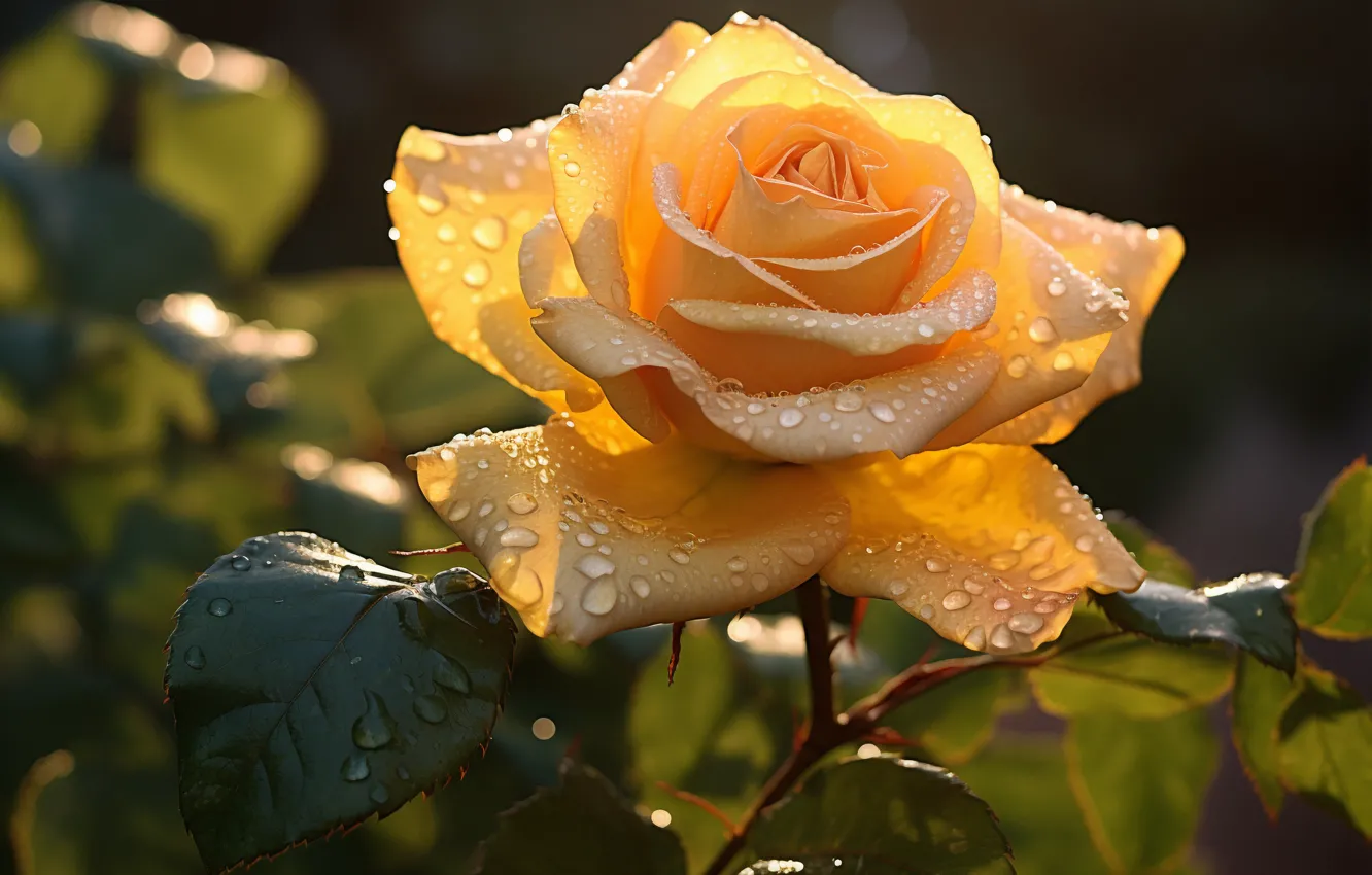 Photo wallpaper drops, macro, light, flowers, yellow, roses, petals, garden