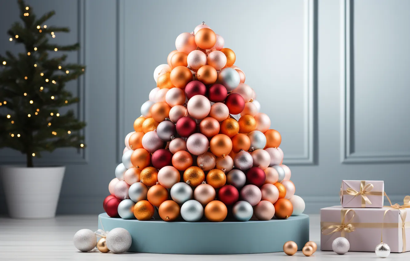 Photo wallpaper decoration, gift, balls, tree, new year, Christmas, Christmas, New Year