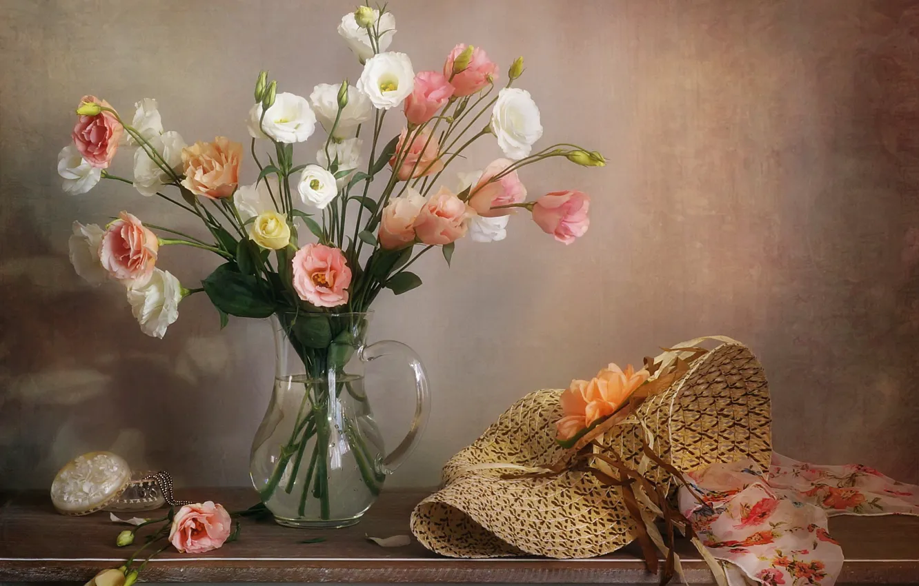 Photo wallpaper flowers, hat, box, vase, shawl, eustoma