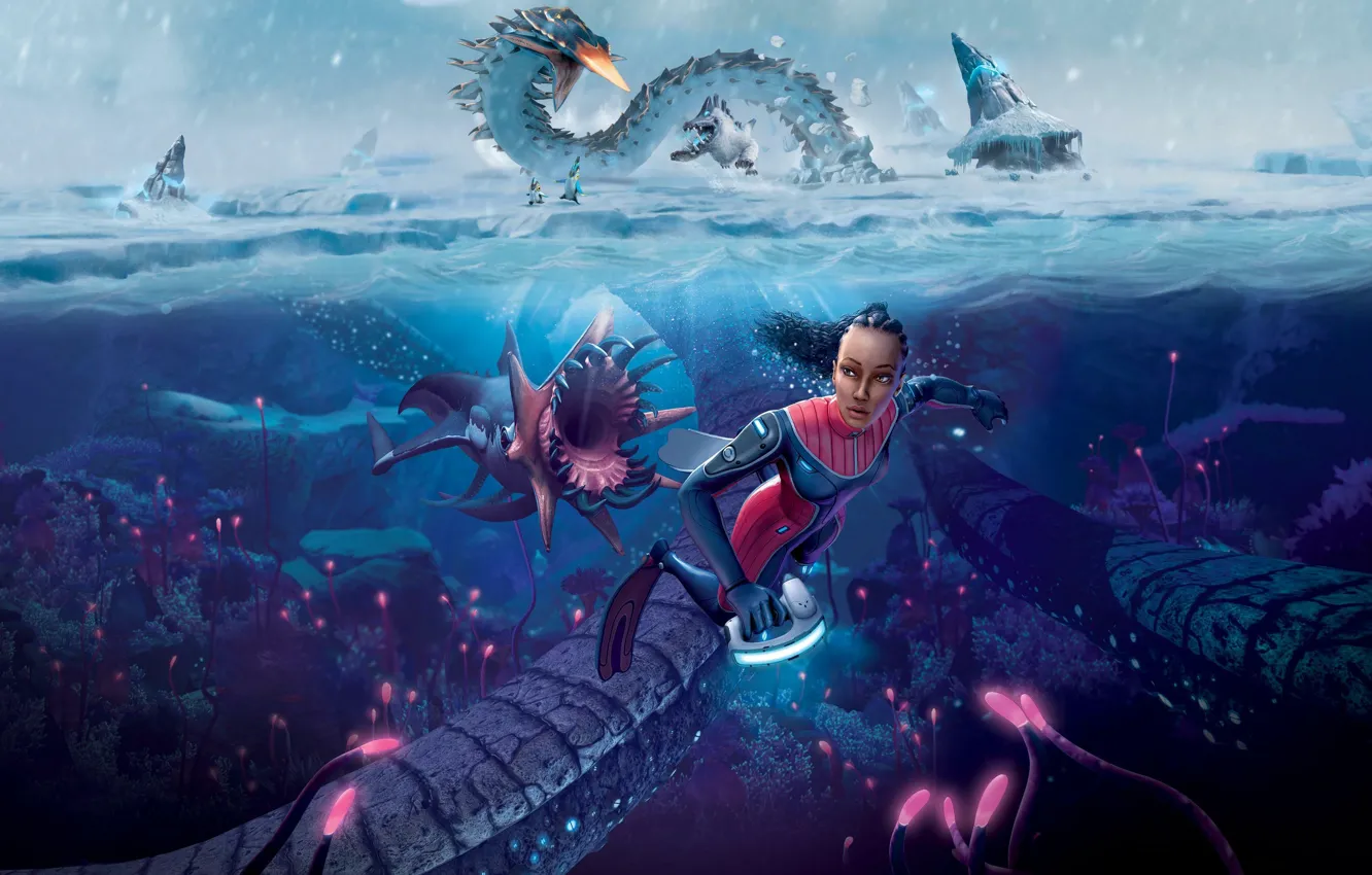 Photo wallpaper snow, diver, ice, girls, games, games art, Subnautica Below Zero