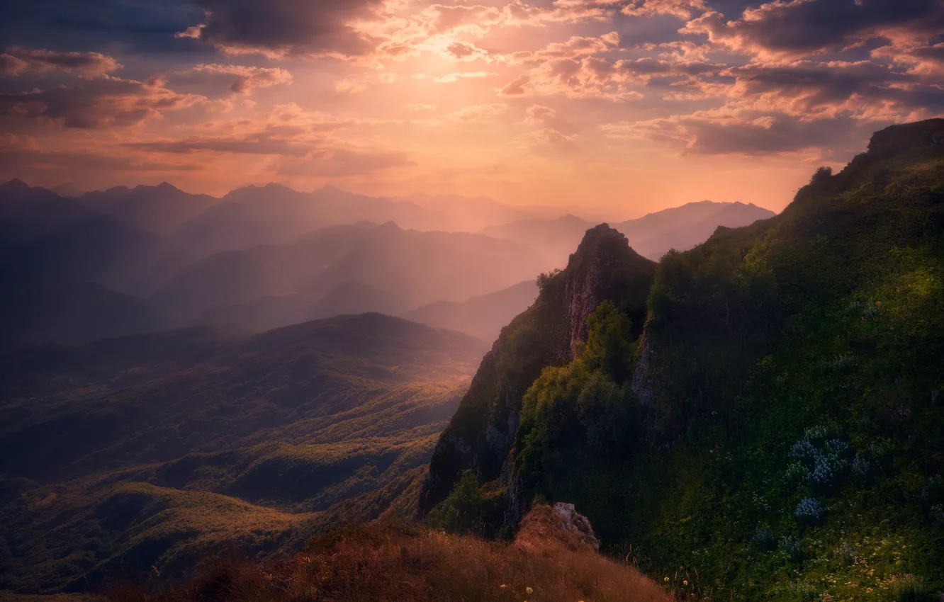 Photo wallpaper the sky, clouds, sunset, mountains, valley, verbal