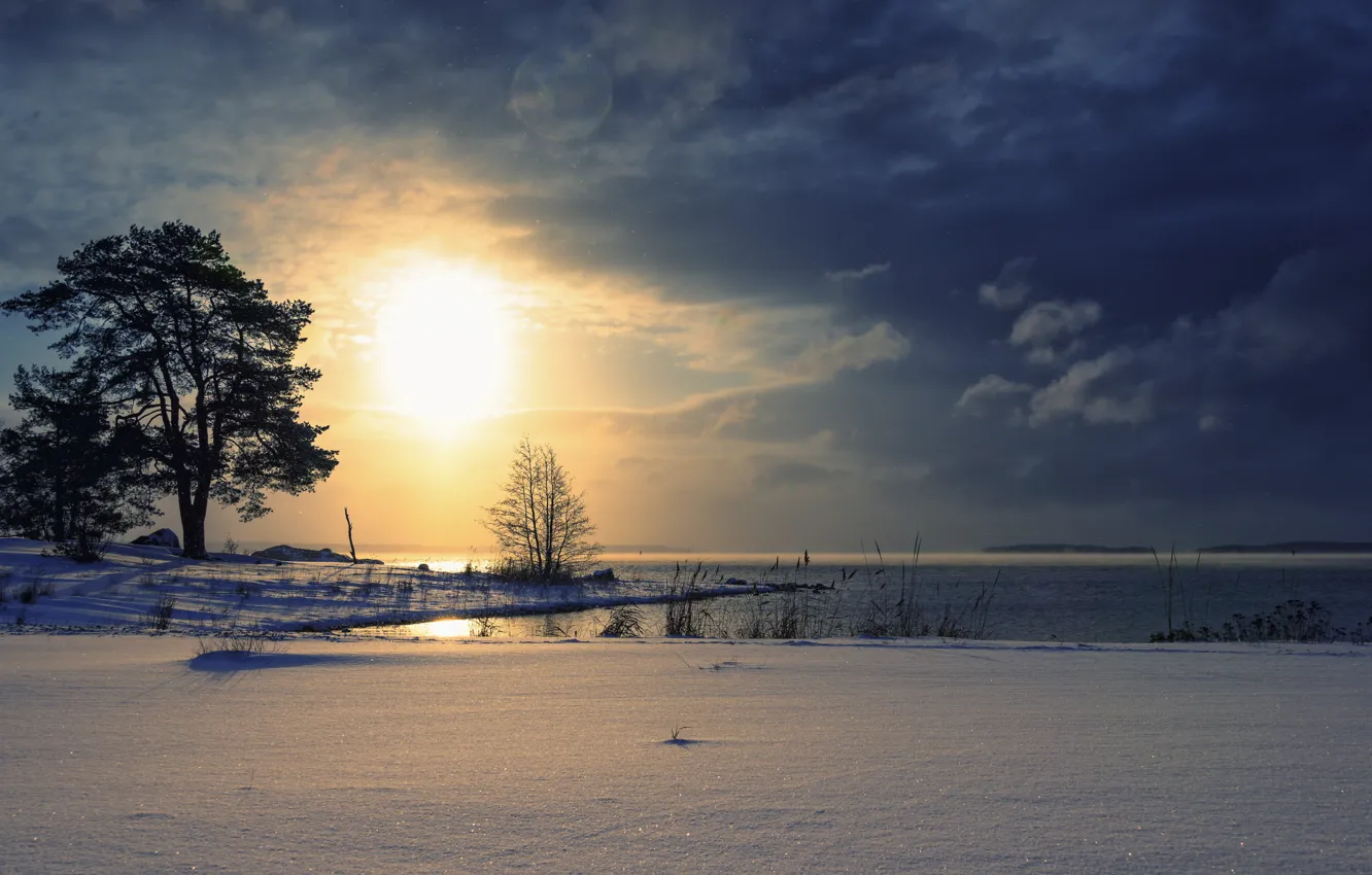Photo wallpaper winter, landscape, sunset, lake
