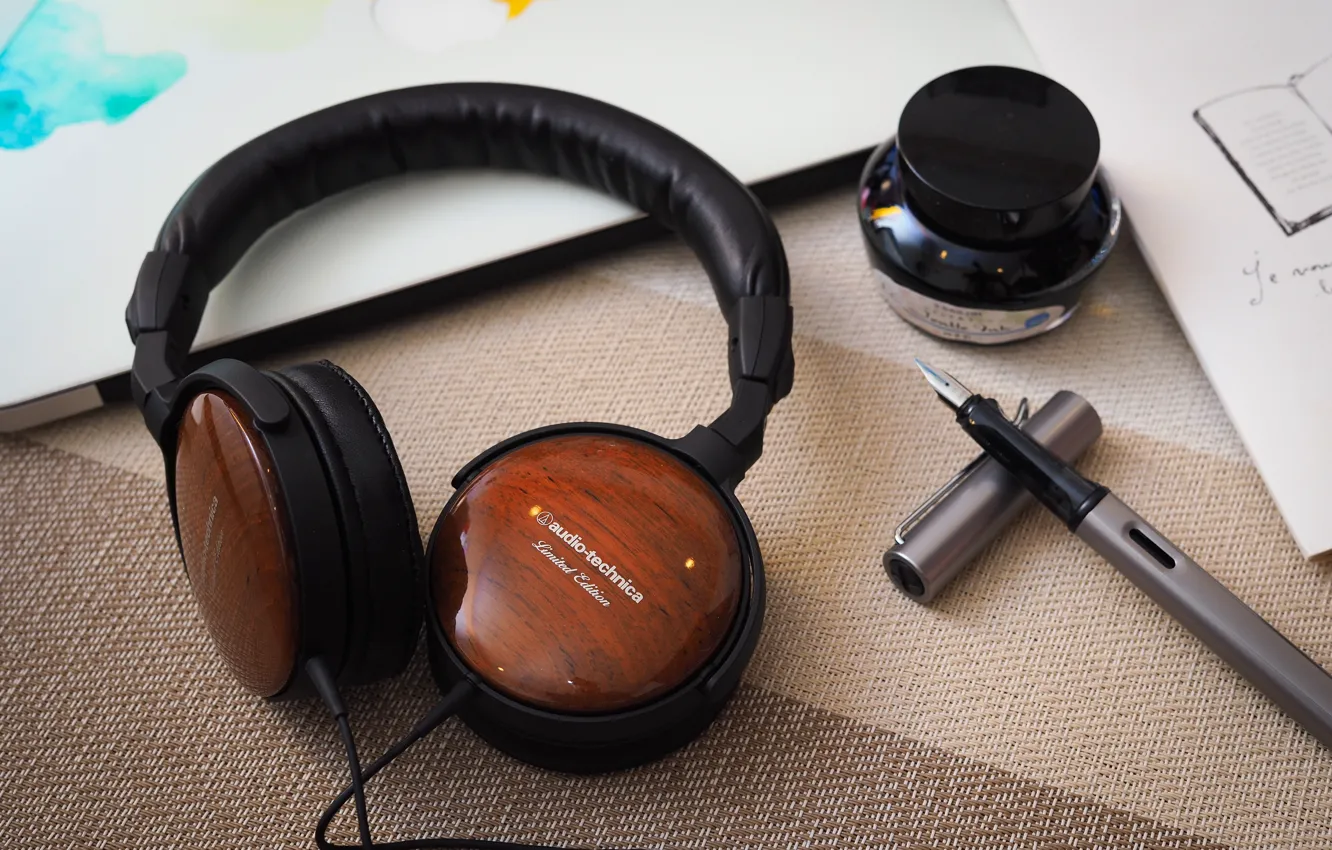 Photo wallpaper table, headphones, Audio-Technica