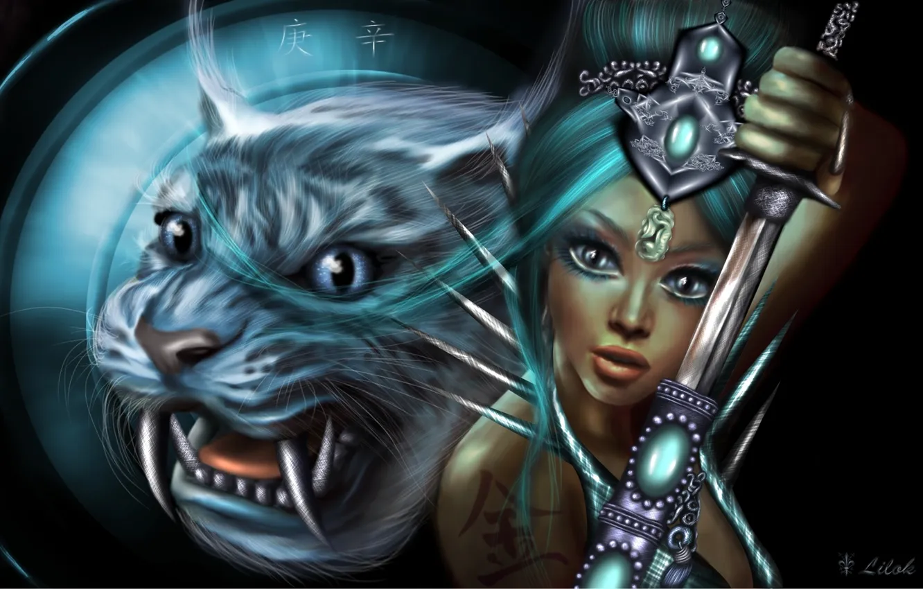 Photo wallpaper girl, decoration, weapons, fiction, animal, warrior, tattoo, art